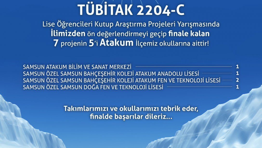 TÜBİTAK 2204-C Kutup Araştırma Projeleri Yarışmasında final sergisine ilimizden davet edilen 7 projenin 5'i Atakum İlçemizden finallerde... 