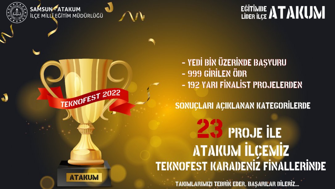 Teknofest 2022 İnsanlık Yararına Teknoloji Yarışmalarının sonuçlarının açıklanmasıyla birlikte Atakum İlçemiz şimdilik 23 projeyle #TEKNOFESTKARADENİZ finallerde yerini aldı...